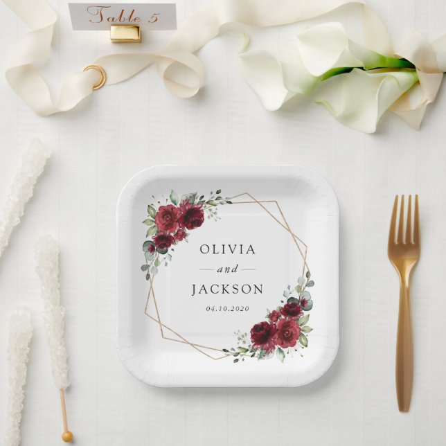 Burgundy Flowers, Red Flowers, Floral Wedding Paper Plate (Wedding)