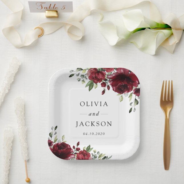 Burgundy Flowers, Red Flowers, Floral Wedding Paper Plate (Wedding)