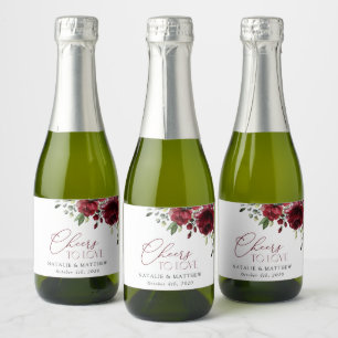 Burgundy Flowers, Red Flowers, Floral Wedding Sparkling Wine Label