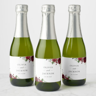 Burgundy Flowers, Red Flowers, Floral Wedding Sparkling Wine Label
