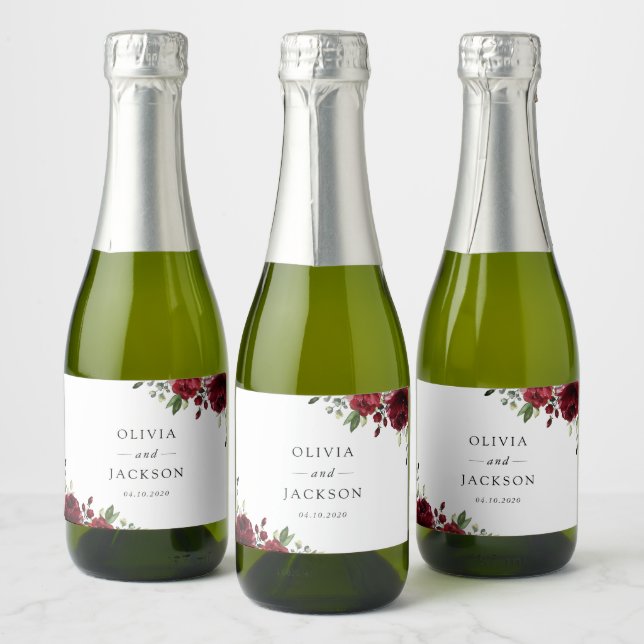 Burgundy Flowers, Red Flowers, Floral Wedding Sparkling Wine Label (Bottles)