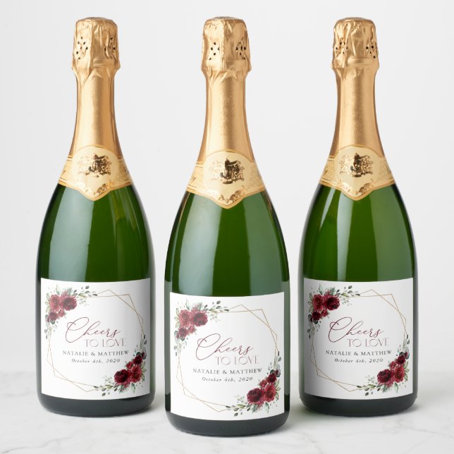 Burgundy Flowers, Red Flowers, Floral Wedding Sparkling Wine Label (Bottles)