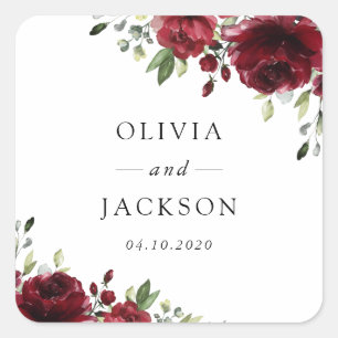 Burgundy Flowers, Red Flowers, Floral Wedding Square Sticker