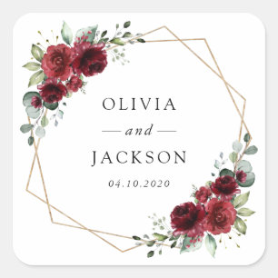 Burgundy Flowers, Red Flowers, Floral Wedding Square Sticker