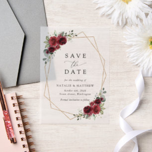 Burgundy Flowers, Red Flowers, Floral Wedding Vellum Invitations