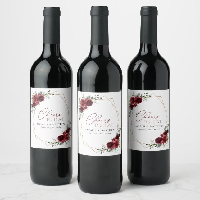Burgundy Flowers, Red Flowers, Floral Wedding Wine Label (Bottles)