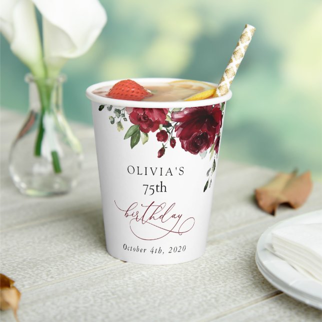 Burgundy Flowers, Red Flowers, Greenery, Birthday Paper Cups (Insitu)