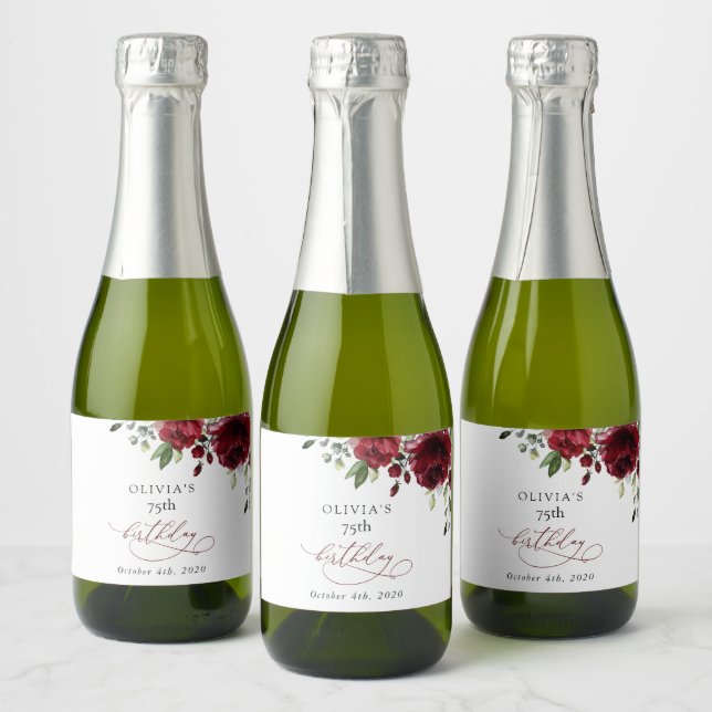 Burgundy Flowers, Red Flowers, Greenery, Birthday Sparkling Wine Label (Bottles)