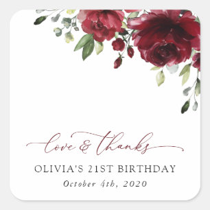 Burgundy Flowers, Red Flowers, Greenery, Birthday Square Sticker