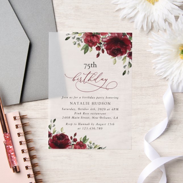 Burgundy Flowers, Red Flowers, Greenery, Birthday Vellum Invitations (Wedding)