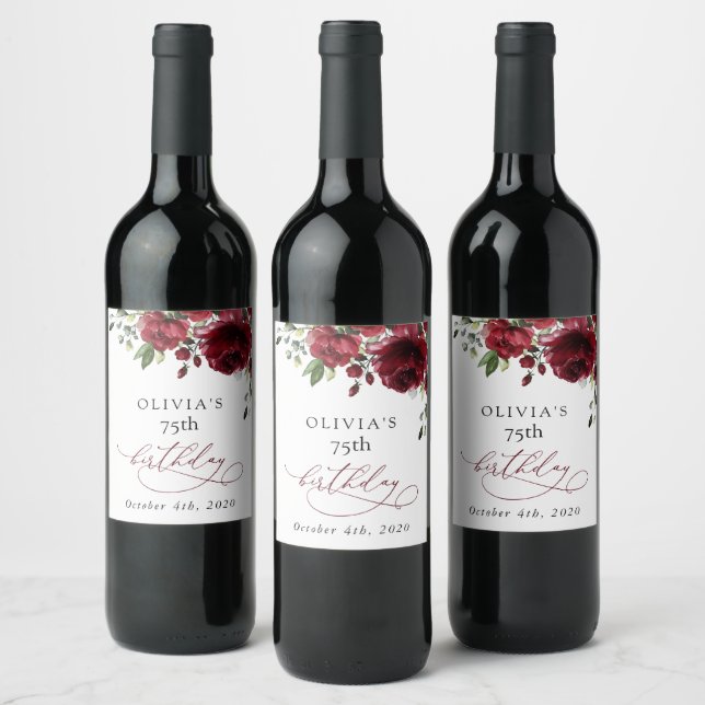 Burgundy Flowers, Red Flowers, Greenery, Birthday Wine Label (Bottles)