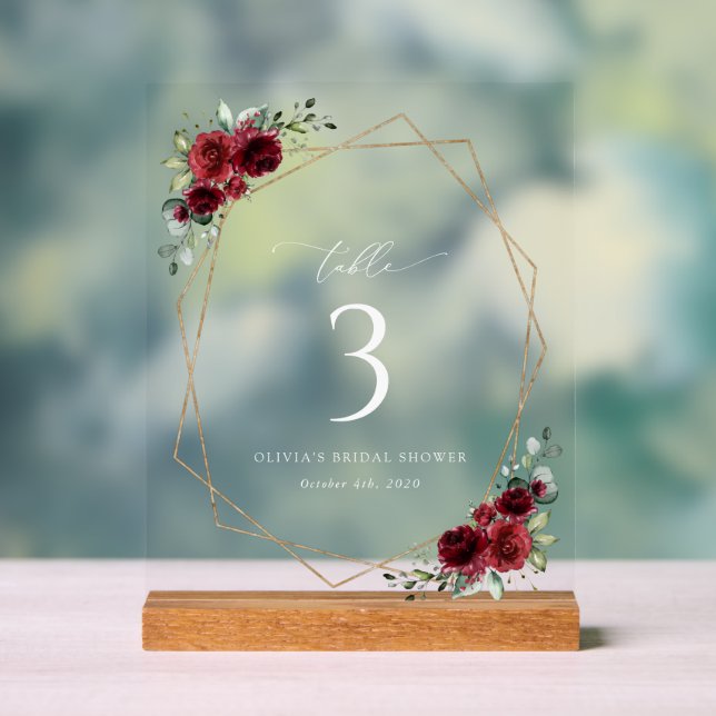 Burgundy Flowers, Red Flowers, Table Numbers Acrylic Sign (Neutral)