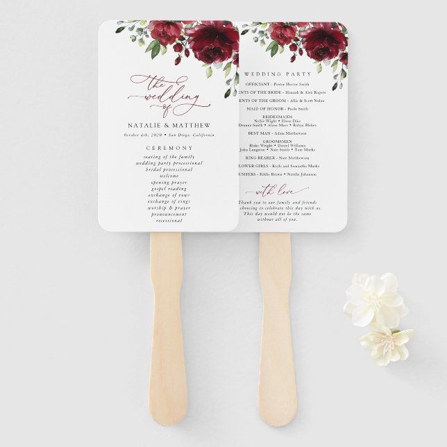 Burgundy Flowers, Red Flowers, Wedding Program Hand Fan (Front and Back)