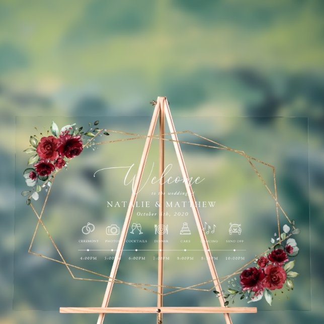 Burgundy Flowers, Red Flowers, Wedding Timeline Acrylic Sign (Neutral)