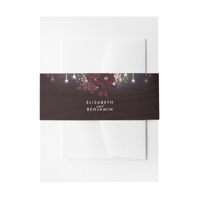 Burgundy Flowers Rustic String Lights Wedding Invitation Belly Band (Front Example)