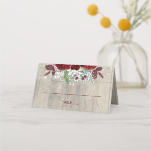 Burgundy Flowers Rustic Wood Wedding Place Card