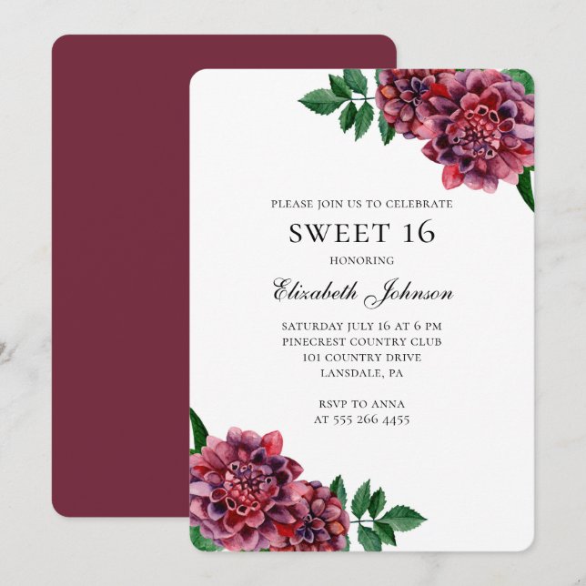 Burgundy flowers sweet 16. Floral 16th birthday Invitation (Front/Back)