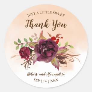 Burgundy Flowers   Sweet Treat Wedding Thank You  Classic Round Sticker