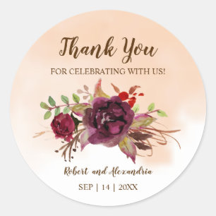 Burgundy Flowers Thank You for Coming Wedding Classic Round Sticker