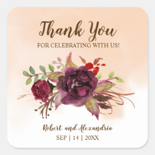 Burgundy Flowers   Thank You for Coming Wedding  Square Sticker