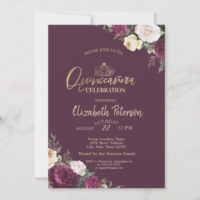 Burgundy Flowers Tiara  Invitation (Front)
