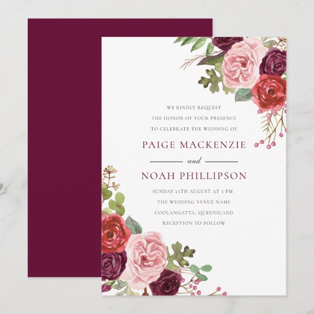 Burgundy Flowers Tropical Elegant Wedding Invite (Front/Back)