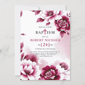 Burgundy flowers watercolor wash girl Baptism  Invitation