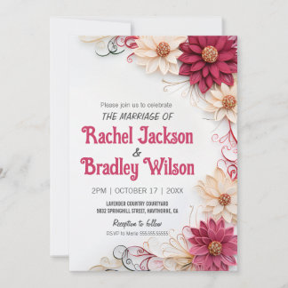 Burgundy Flowers Wedding Paper Quilling Simulated  Invitation