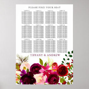 Burgundy Flowers Wedding Seating Chart 12 Table
