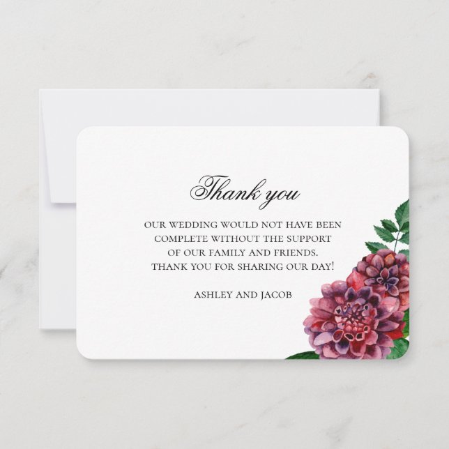 Burgundy flowers wedding thank you. Maroon floral Thank You Card (Front)