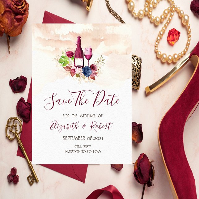 Burgundy Flowers Wine Tasting  Watercolor  Save The Date (Creator Uploaded)