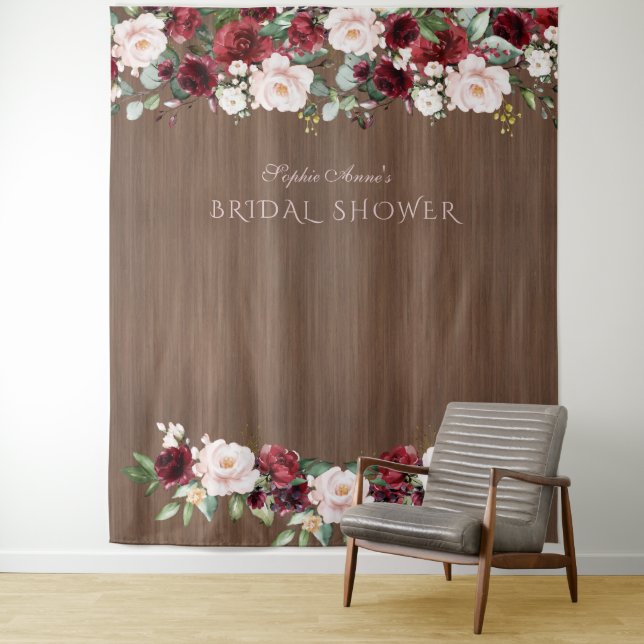 Burgundy Flowers Wood Bridal Shower Photo Booth Tapestry (In Situ)