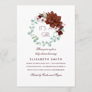 Burgundy Flowers Wreath Elegant Baby Shower Invitation