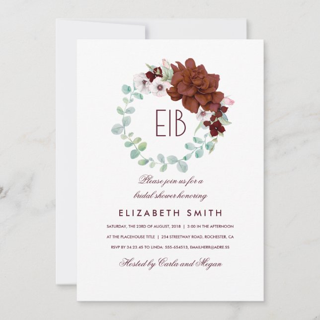 Burgundy Flowers Wreath Elegant Bridal Shower Invitation (Front)