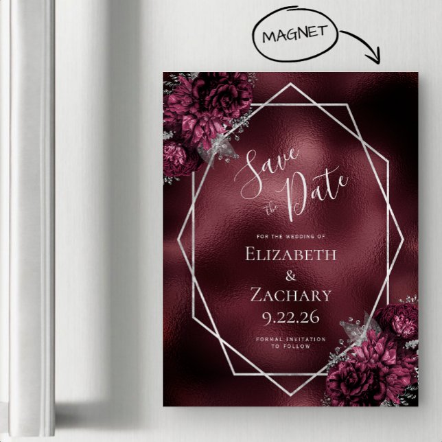 Burgundy Foil Floral Silver Wedding Save the Date Magnetic Invitation (Creator Uploaded)