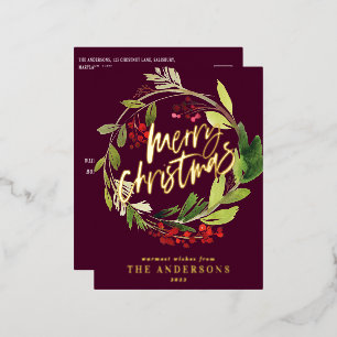 Burgundy foliage elegant non photo Christmas Foil Holiday Postcard