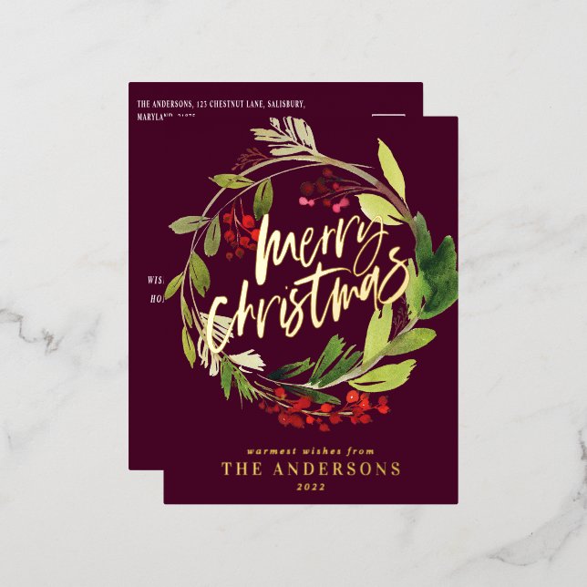 Burgundy foliage elegant non photo Christmas Foil Holiday Postcard (Front/Back)