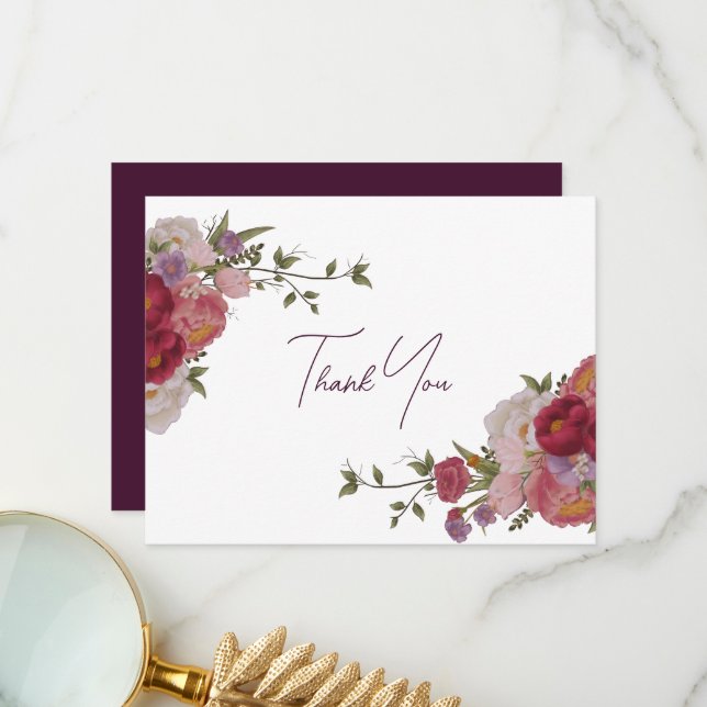 Burgundy Forest Floral Wedding Thank You Card (Front/Back In Situ)