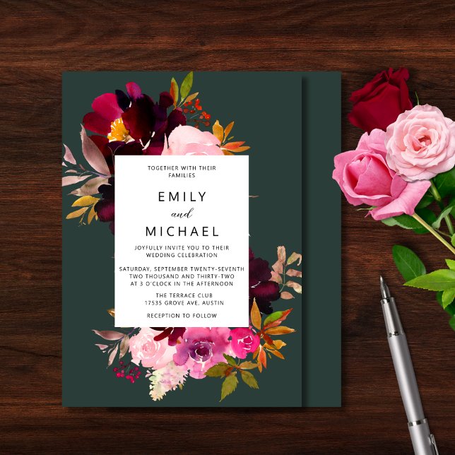 Burgundy Forest Green Blush Floral Watercolor Invitation (Creator Uploaded)