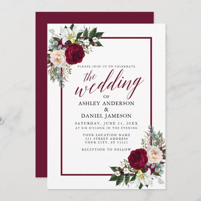 Burgundy Frame Floral Greenery Calligraphy Wedding Invitation (Front/Back)