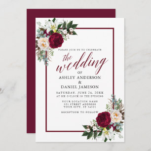 Burgundy Frame Floral Greenery Calligraphy Wedding Invitation
