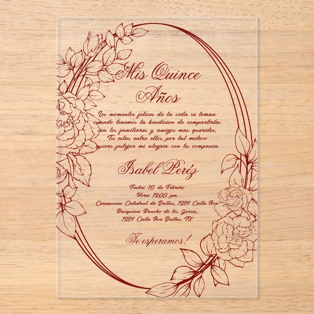 Burgundy frame Spanish Quinceanera  Acrylic Invitations (Front)