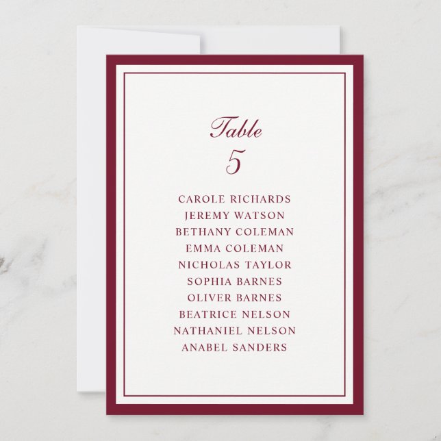 Burgundy Frame Wedding Table Seating Chart Card (Front)