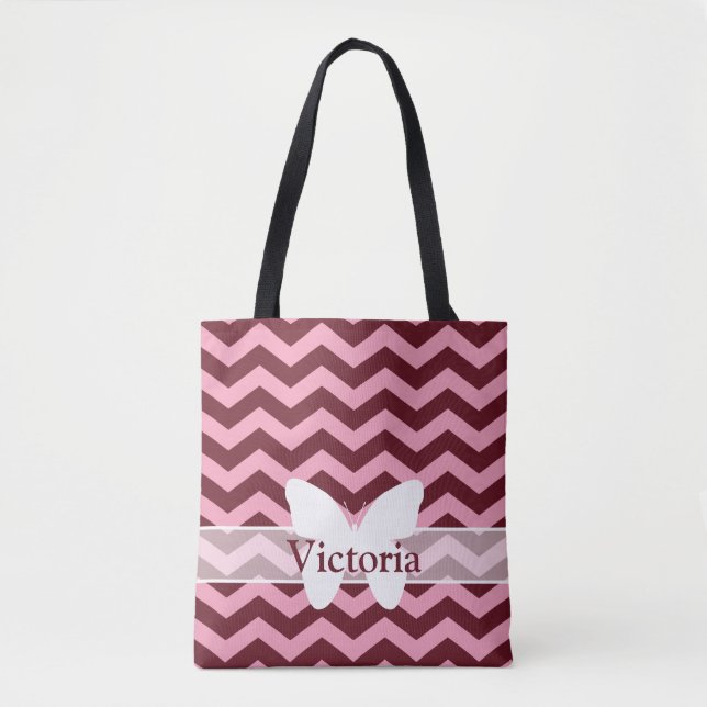 Burgundy Frosted Orchid Chevrons with Butterfly To Tote Bag (Front)