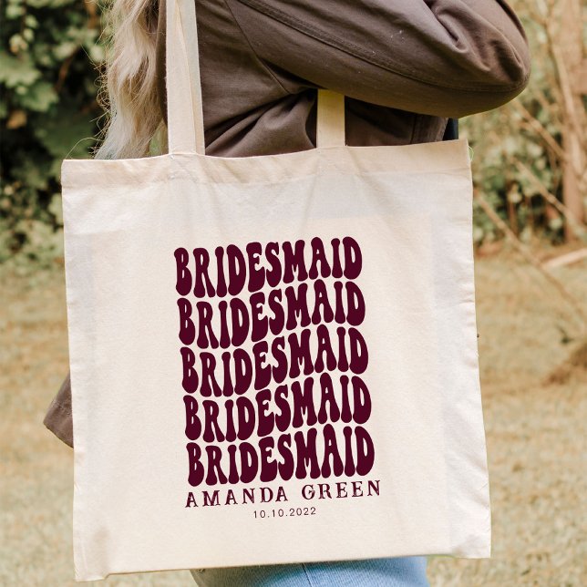 Burgundy Fun Retro Boho Personalised Bachelorette Tote Bag (Creator Uploaded)