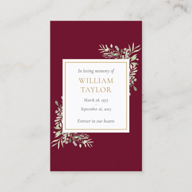 Burgundy Funeral Memorial Greenery Prayer Cards (Front)