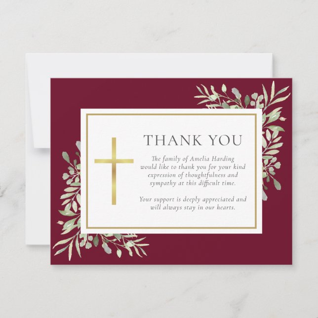 Burgundy Funeral Watercolor Greenery Christian Thank You Card (Front)