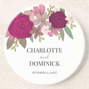 Burgundy Garden Flowers Wedding  Coaster