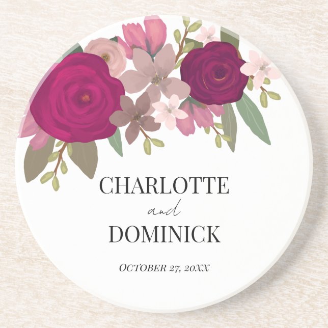 Burgundy Garden Flowers Wedding  Coaster (Front)