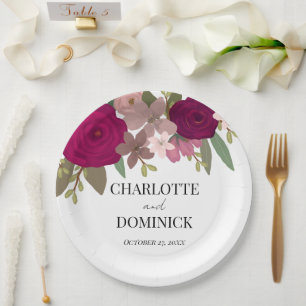 Burgundy Garden Flowers Wedding Paper Plate